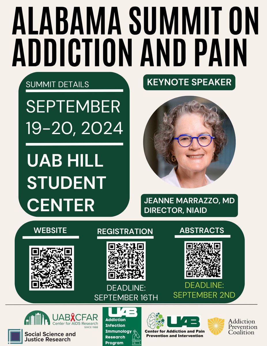 Abstract submission deadline for the Alabama Summit on Addiction and Pain has been moved to Monday!

Submit an Abstract: uab.edu/medicine/cfar/…
