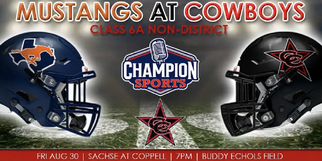 It’s the opening week as <a href="/coppellfootball/">Coppell Football</a> will take on <a href="/SachseStangs/">Sachse HS Football</a>! If you can’t be there, watch the game with us! 

🏈 6A Non-District
⏰ 6:15 Pregame 
🎤 <a href="/TheVoiceofTD/">Tom Duerr</a> &amp; <a href="/Thatmandko21/">Dakota Burk</a> 
🏟️ Buddy Echols Field 
📺  fan.hudl.com/usa/tx/coppell…