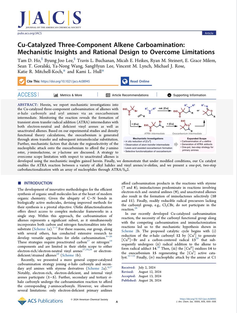 Excited to share our latest publication in JACS. We've developed a copper-catalyzed three-component alkene carboamination, offering mechanistic insights and innovative design to overcome existing limitations.
Congratulations to the team. 🎉🎉
#JACS #catalysis