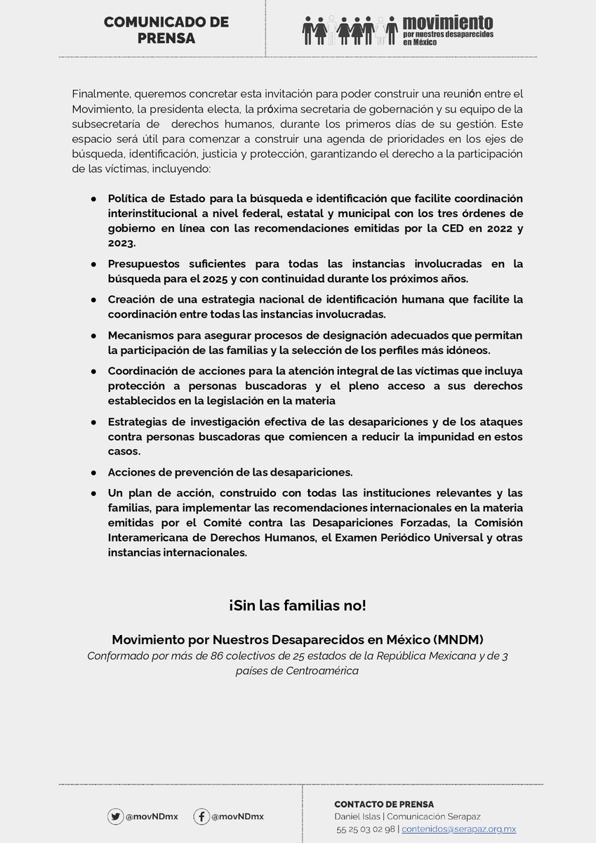 movNDmx's tweet image. Las familias que buscamos a +116 mil personas desaparecidas no somos cifras, somos amor, lucha y resistencia ❤️‍🔥

Hoy, hacemos un llamado a la nueva administración para iniciar un diálogo real y priorizar la agenda de desaparición

Lee nuestro comunicado
🔗 bit.ly/3Mp1ZLU
