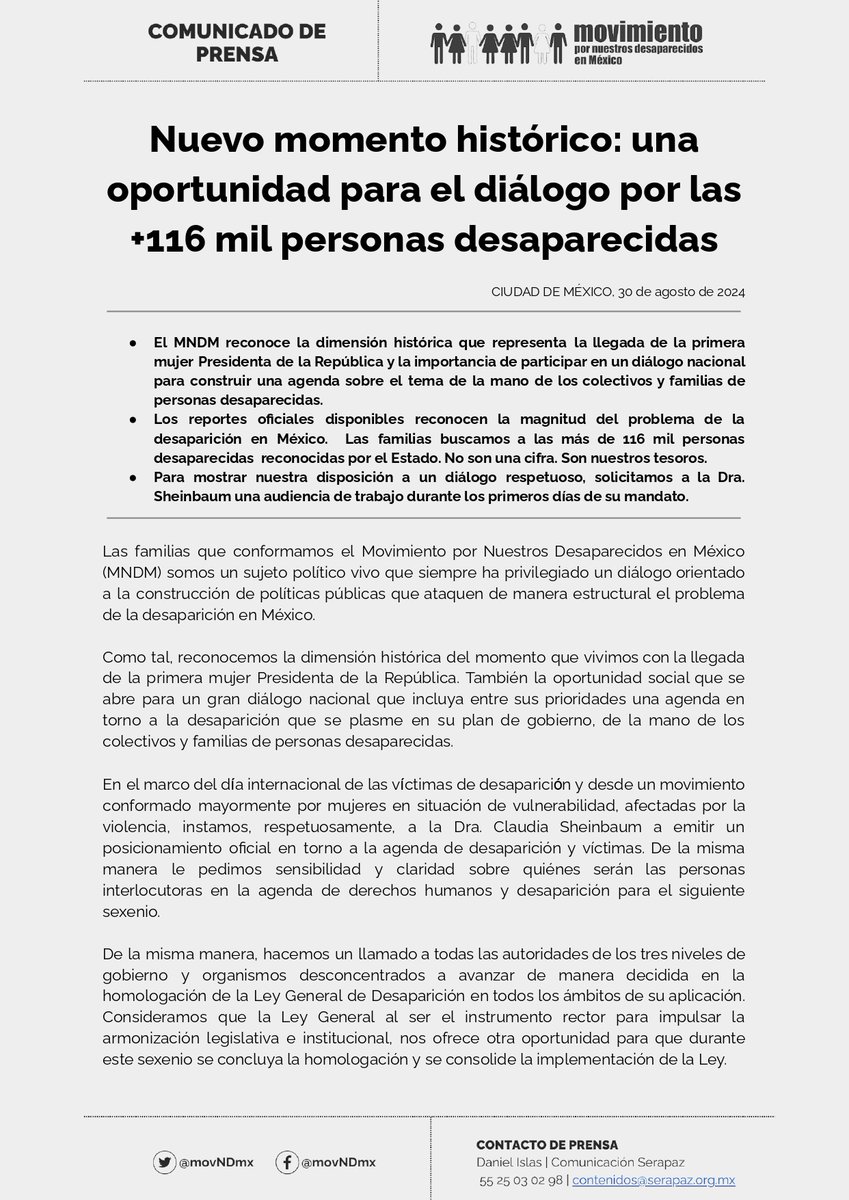 movNDmx's tweet image. Las familias que buscamos a +116 mil personas desaparecidas no somos cifras, somos amor, lucha y resistencia ❤️‍🔥

Hoy, hacemos un llamado a la nueva administración para iniciar un diálogo real y priorizar la agenda de desaparición

Lee nuestro comunicado
🔗 bit.ly/3Mp1ZLU