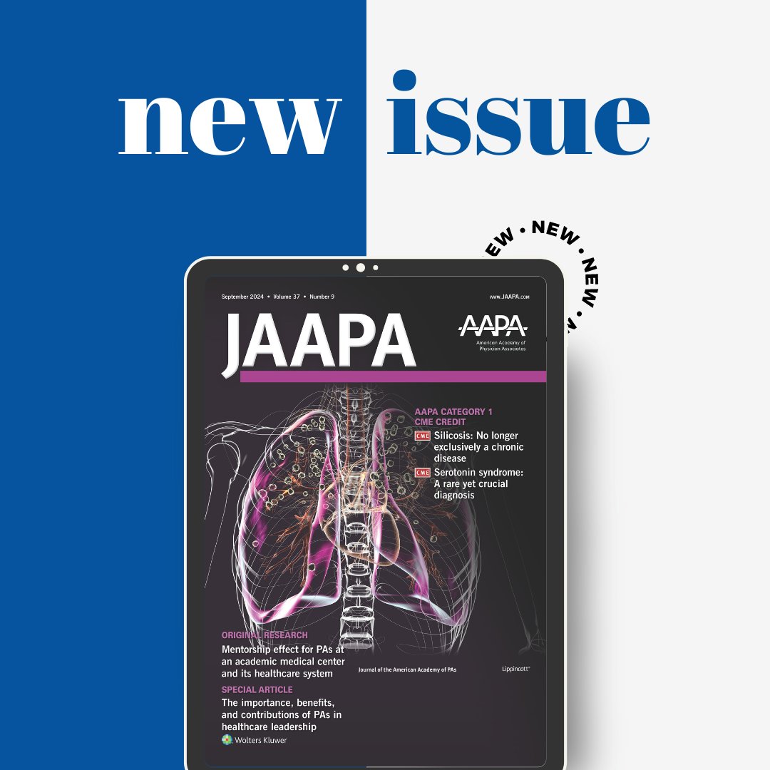 Check out the latest JAAPA issue! star2 Learn about the impact of PA mentorship, the vital role of PAs in leadership, and the nuances of serotonin syndrome. Plus, get updated on the changing nature of silicosis. bit.ly/2Vr44Lt
