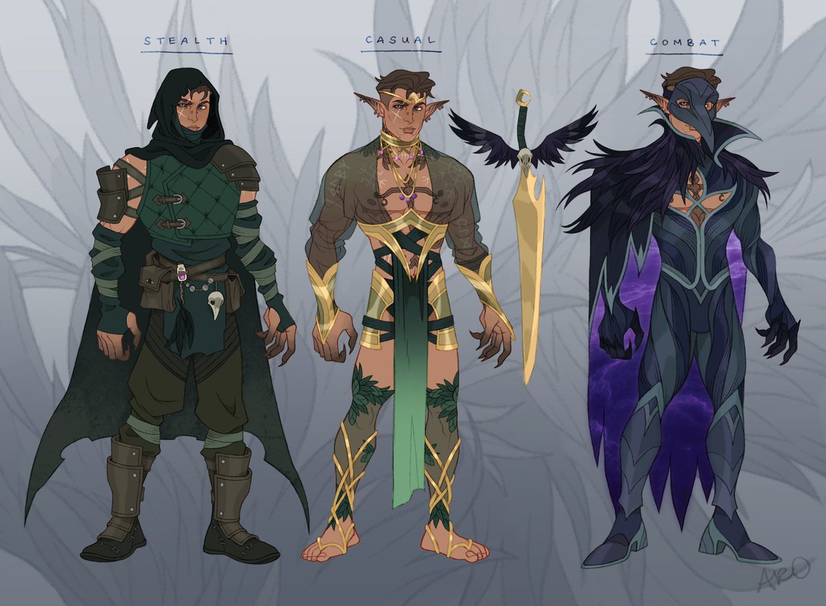 Gabriel Cayne, the Ascended Titan Lorekeeper, in both his forms (and ways  of dress) for @Possum_Dad ✨🐦‍⬛🍃 Thank you Andy! Such a fun project ☺️  #commission