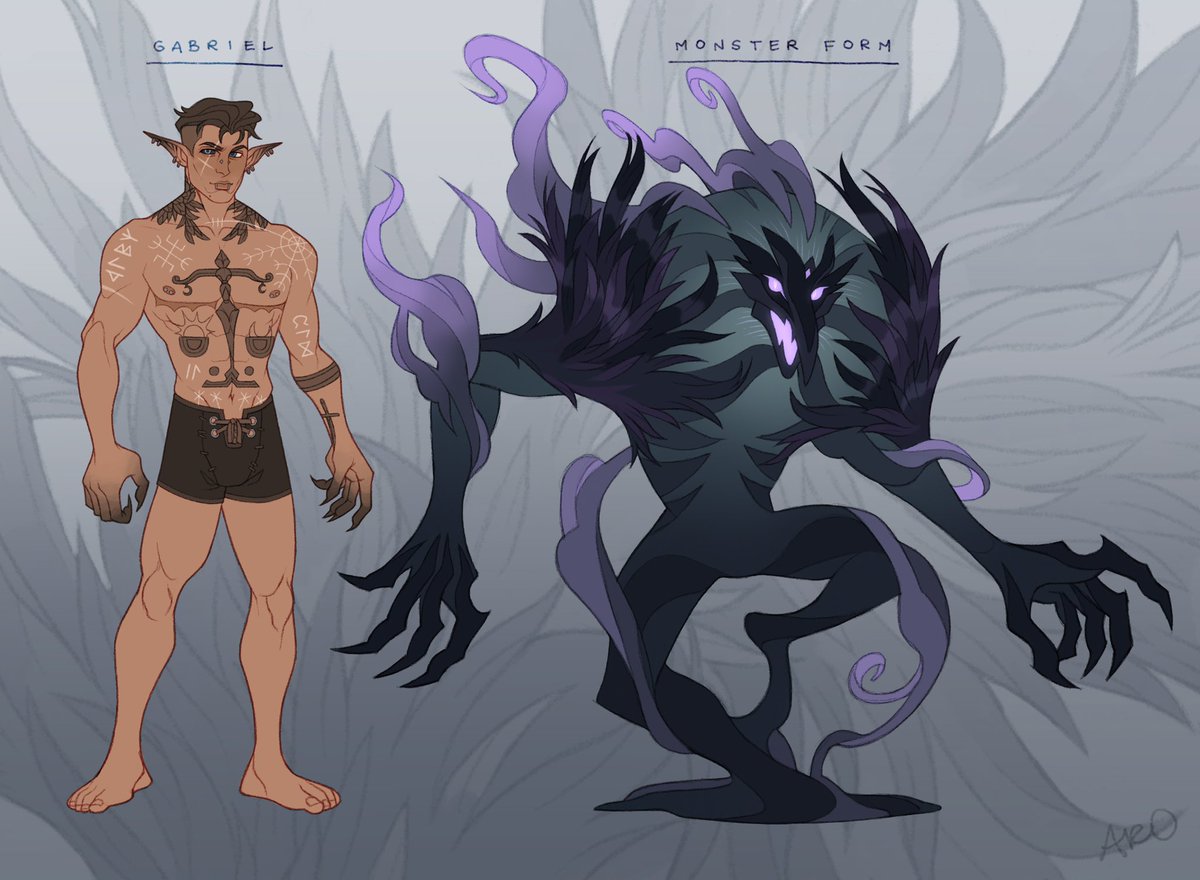 Gabriel Cayne, the Ascended Titan Lorekeeper, in both his forms (and ways  of dress) for @Possum_Dad ✨🐦‍⬛🍃 Thank you Andy! Such a fun project ☺️  #commission