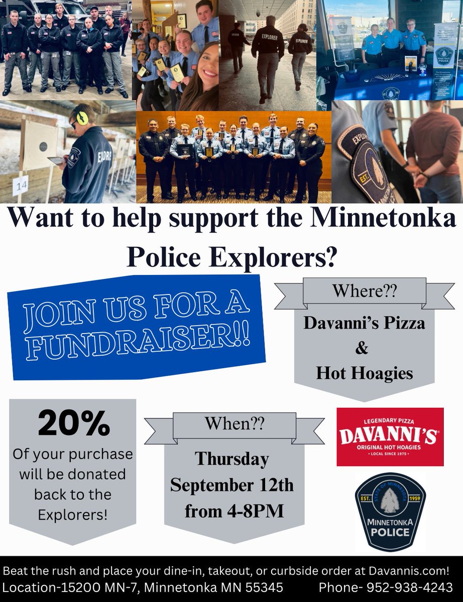 Minnetonka Police Department (@mtkapd) on Twitter photo Mark your calendar and come support our #mtkapd Explorers Post #884 by eating pizza! Join us from 4-8 p.m. Thursday, Sept. 12 at <a href="/davannis/">Davanni's Pizza</a> on Hwy 7 in #Minnetonka. Mark your calendar and come support our #mtkapd Explorers Post #884 by eating pizza! Join us from 4-8 p.m. Thursday, Sept. 12 at <a href="/davannis/">Davanni's Pizza</a> on Hwy 7 in #Minnetonka.