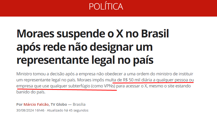 🚨SUSPENSÃO DO TWITTER CONFIRMADA🚨

Foi confirmada a determinação judicial para bloquear o Twitter.

Ministro Alexandre de Moraes MANDOU que o Twitter seja removido do ar.

Quem utilizar VPN será MULTADO em R$50 mil reais.

Eu mesmo não vou usar.