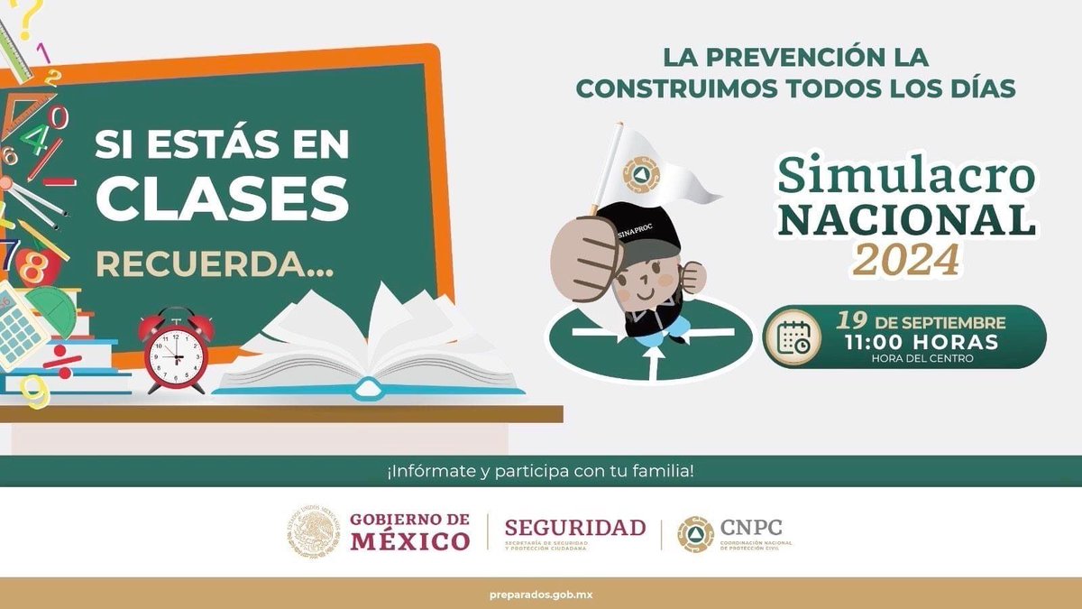 SEP_mx's tweet photo. ⚠️ Atención a toda la comunidad estudiantil:

📆 El próximo jueves 19 de septiembre se realizará el #SimulacroNacional 2024.

📢 ¡Tu participación es clave para estar preparados! 🛡️🏫 https://t.co/Lj4zkrJJm9