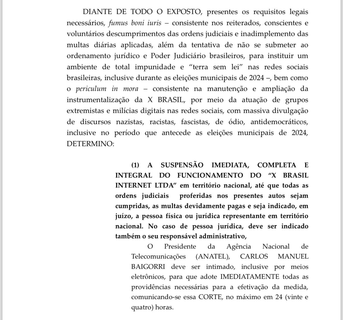 eixopolitico's tweet image. 🚨 URGENTE: Ministro Alexandre de Moraes determina a suspensão IMEDIATA da rede social X, de Elon Musk, em todo o Brasil.