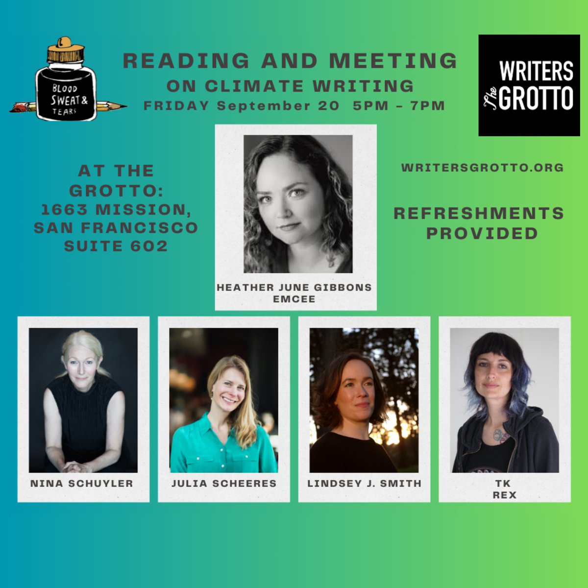 The Writers Grotto (@sfgrotto) on Twitter photo Join us for an evening of climate readings by Writers Grotto members @Nina_Schuyler, <a href="/JuliaScheeres/">julia scheeres</a>, <a href="/lindsjean/">Lindsey J. Smith</a>, and @tharkibo, hosted by <a href="/heatherjuneg/">Heather June Gibbons</a> All are welcome!
writersgrotto.org/classes-and-ev…
#WritersGrotto #LiteraryEvent #AuthorReadings #ClimateAwareness Join us for an evening of climate readings by Writers Grotto members @Nina_Schuyler, <a href="/JuliaScheeres/">julia scheeres</a>, <a href="/lindsjean/">Lindsey J. Smith</a>, and @tharkibo, hosted by <a href="/heatherjuneg/">Heather June Gibbons</a> All are welcome!
writersgrotto.org/classes-and-ev…
#WritersGrotto #LiteraryEvent #AuthorReadings #ClimateAwareness