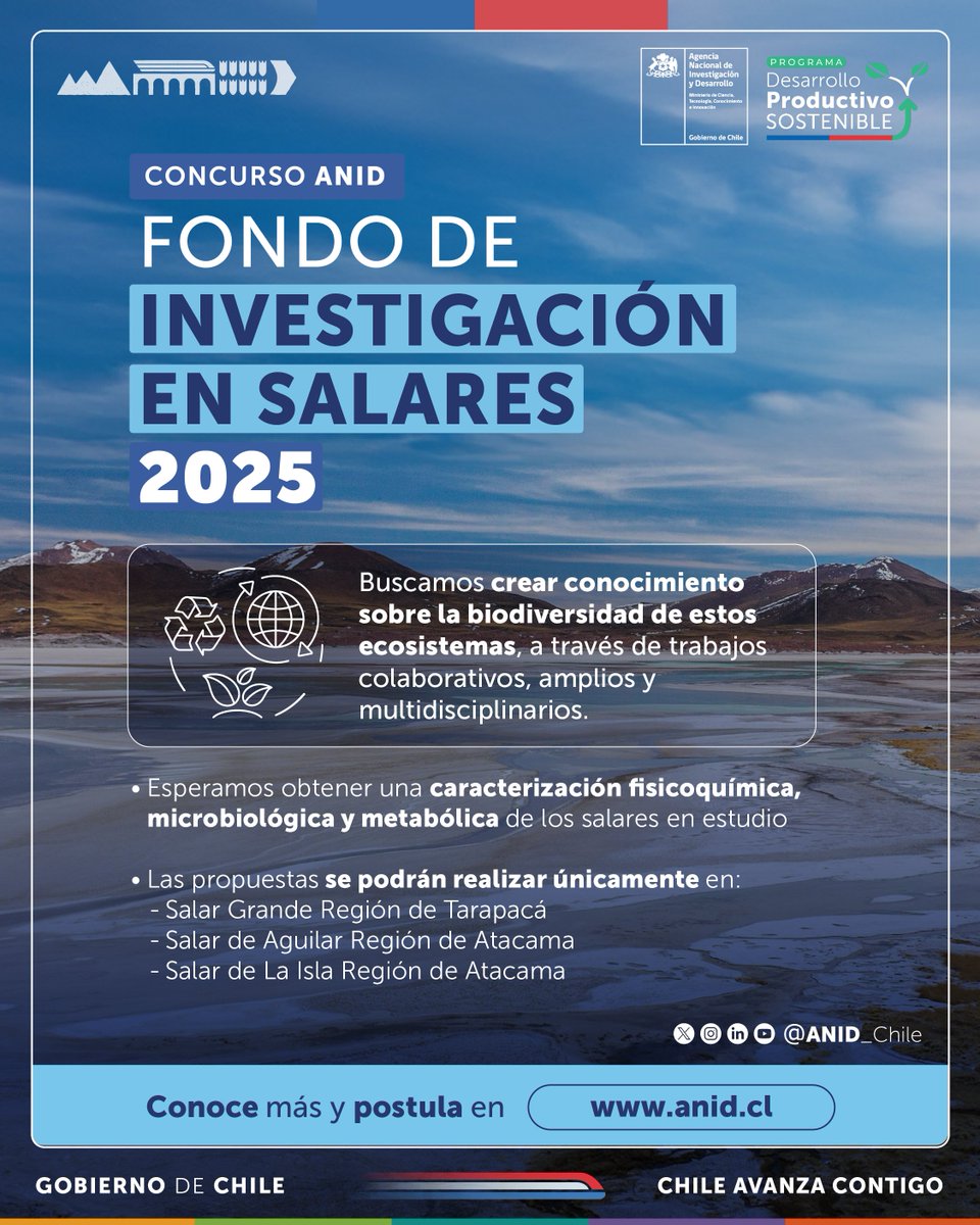 Agencia Nacional de Investigación y Desarrollo (@anid_chile) on Twitter photo 🔬 Abrimos una nueva convocatoria para impulsar la investigación de la biodiversidad de tres salares de Chile, fomentando un desarrollo sostenible y respetuoso.
Esta iniciativa forma parte de la Estrategia Nacional de Litio y considera aportes del <a href="/meconomia/">Ministerio de Economía, Fomento y Turismo</a> . 🔬 Abrimos una nueva convocatoria para impulsar la investigación de la biodiversidad de tres salares de Chile, fomentando un desarrollo sostenible y respetuoso.
Esta iniciativa forma parte de la Estrategia Nacional de Litio y considera aportes del <a href="/meconomia/">Ministerio de Economía, Fomento y Turismo</a> .