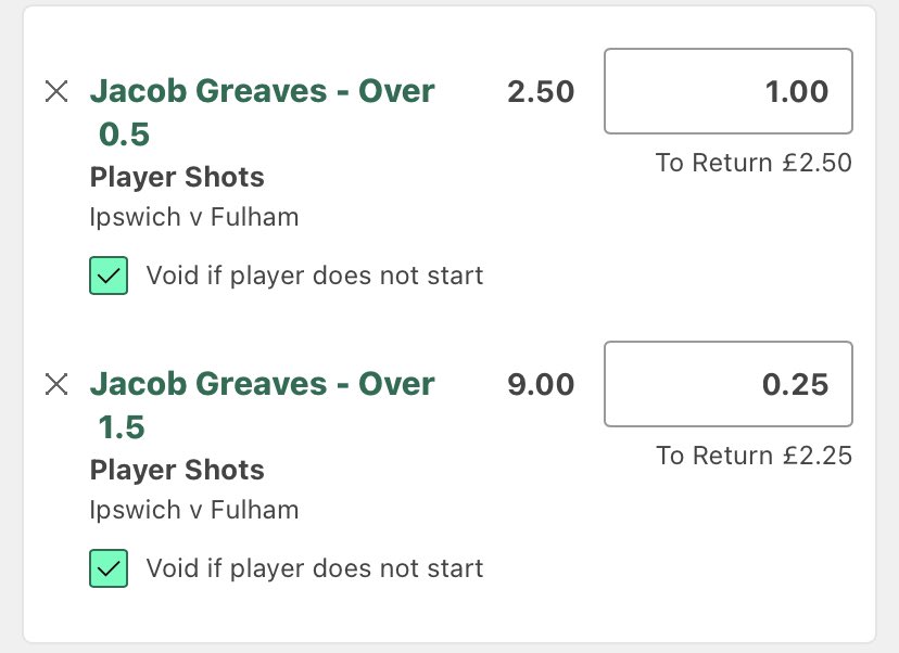 Ipswich vs Fulham - Jacob Greaves

1+ Shots  💰 1 Unit @ 2.50 
2+ Shots  💰 0.25 Units @ 9.00

Greaves is the go-to target for Ipswich on set pieces this season, evidenced by his 2 shots against Liverpool. 

Total shots by Fulham opposition CBs: 2,4,0