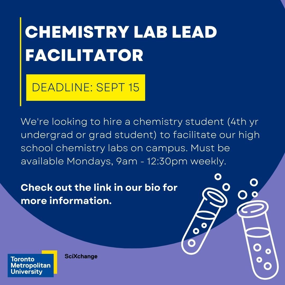We have two openings in our office this fall - available to TMU students looking for part-time work. Applications reviewed on an ongoing basis.

🧪 Chemistry Lab Lead Facilitator
🌍  Climate Change Coordinator 

buff.ly/3ZcSlDA