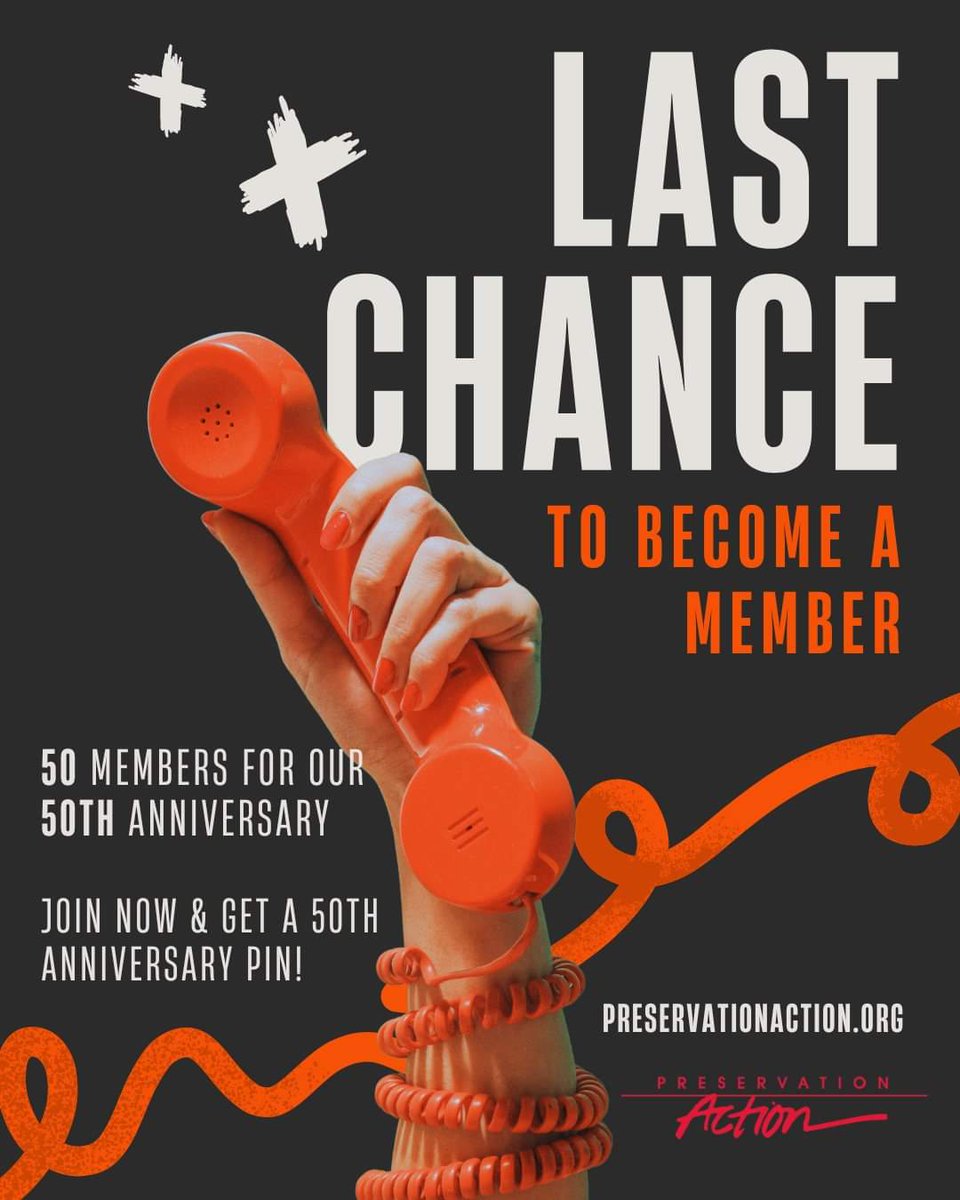 Last chance! Preservation Action’s Membership Drive ends tomorrow. In celebration of our 50th anniversary, help us exceed our goal of 50 new members before the end of the month! Join by Aug 31 and receive a special 50th anniversary enamel pin! Join TODAY! preservationaction.org/joinanddonate/…
