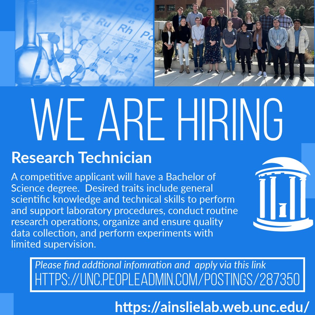 We are hiring a BS level technician! Come work my amazing team and I on polymer constructs to treat cancer, autoimmune diseases and generate vaccines.

The ad has more details: unc.peopleadmin.com/postings/287350

More info on us: ainslielab.web.unc.edu