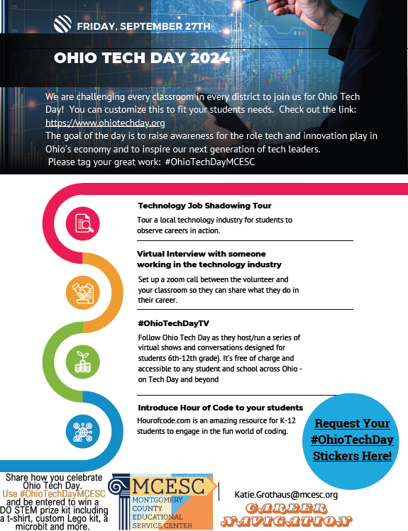 stem_do's tweet image. Ohio Tech Day 2024 is almost here, and we’re challenging YOU to show us how you celebrate! Whether it’s a Job Shadowing Tour, a Virtual Interview, or Hour of Code, we want to see it! 📱💻

Share your experience with #OhioTechDayMCESC &amp;amp; you could win a #DOSTEM prize kit! 🎁