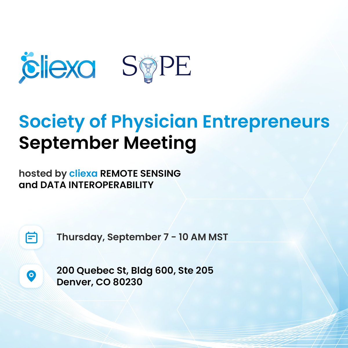 We are excited to explore #AI in #remotesensing and #interoperability at the upcoming Society of Physician Entrepreneurs September meeting, which we are hosting and sponsoring. Join us for this insightful discussion!

cliexa.com/society-of-phy…
