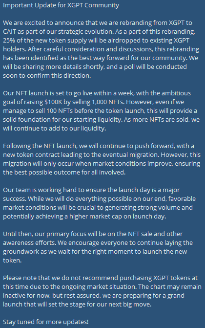 $CAIT Rebranding update
- 25% new token supply airdropped to XGPT holders
- NFT launch in a week 🎨
- Goal: Raise $100K by selling 1,000 NFTs
- Early milestone: 100 NFTs = Starting liquidity 💰
- Migration to new token post-launch

Cast your vote here t.me/cryptoaifounda…