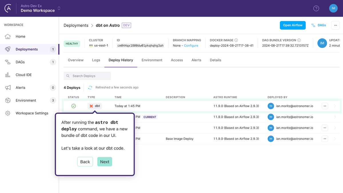 astronomerio's tweet image. Discover a seamless experience for deploying and managing #dbt 💻
See how to deploy #dbtcode across multiple teams, giving you a seamless experience for deploying + managing dbt. Take the 30 second tour 👉 bit.ly/3Mplwf7
#dataworkflows #dataorchestration #apacheairflow