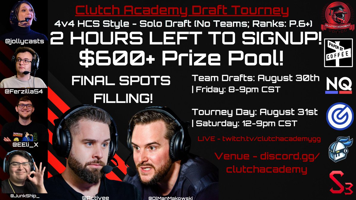 🚨 ALERT! PLEASE REPOST! 
SIGN-UPS END IN 2 HOURS! 🚨

💰 $600+ PRIZE POOL!
🗓️ Draft Date: TONIGHT, 8PM CST
🗓️ Tournament Date: Saturday, 12 PM/NOON CST
⚡ ONLY A FEW SPOTS REMAIN! ⚡
🆙 Eligibility: Ranks P6 &amp; Higher
REGISTER HERE: start.gg/tournament/clu…

INFO HERE: