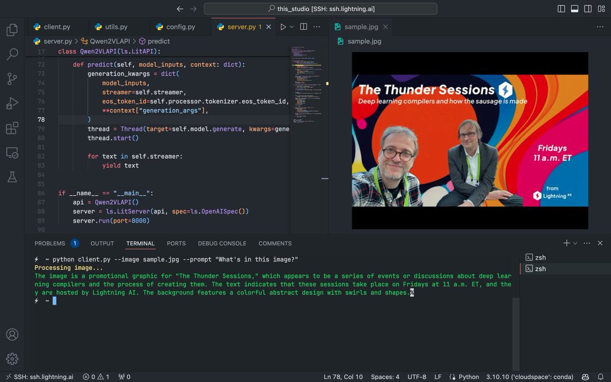 bhimrazy's tweet photo. 🚀Experimenting with @Alibaba_Qwen 2-VL, powered by OpenAI compatible API using LitServe!🔥 

Dropping a demo in the @LightningAI Studio tomorrow—it's gonna be lit! 

Stay tuned! ....🎧

#AI #MachineLearning #NLP #LitData https://t.co/zfvZUgqlqI