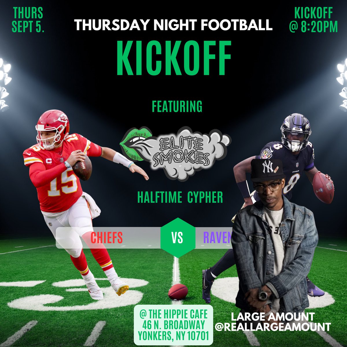 Watching the game and having a halftime cypher next Thursday in Yonkers with <a href="/reallargeamount/">Large Amount</a> and <a href="/KingNateHG/">Zoo Beeze</a> !! Pull up! There will be more artists in attendance!