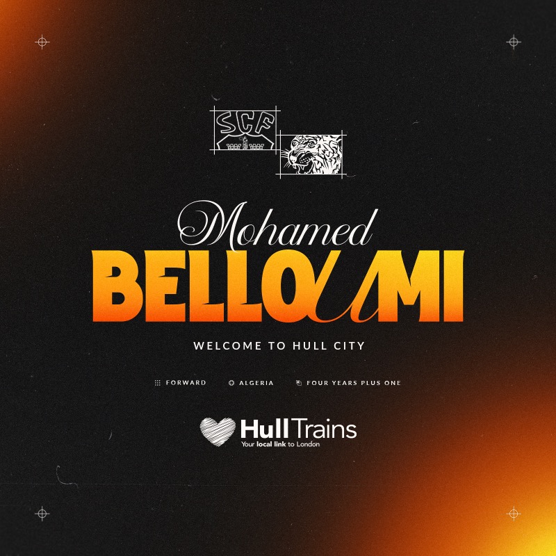 HullCity's tweet photo. Mohamed Belloumi signs for the Tigers from Farense on a permanent basis ✍️

Welcome, Mohamed 🇩🇿

#hcafc | @Hull_Trains