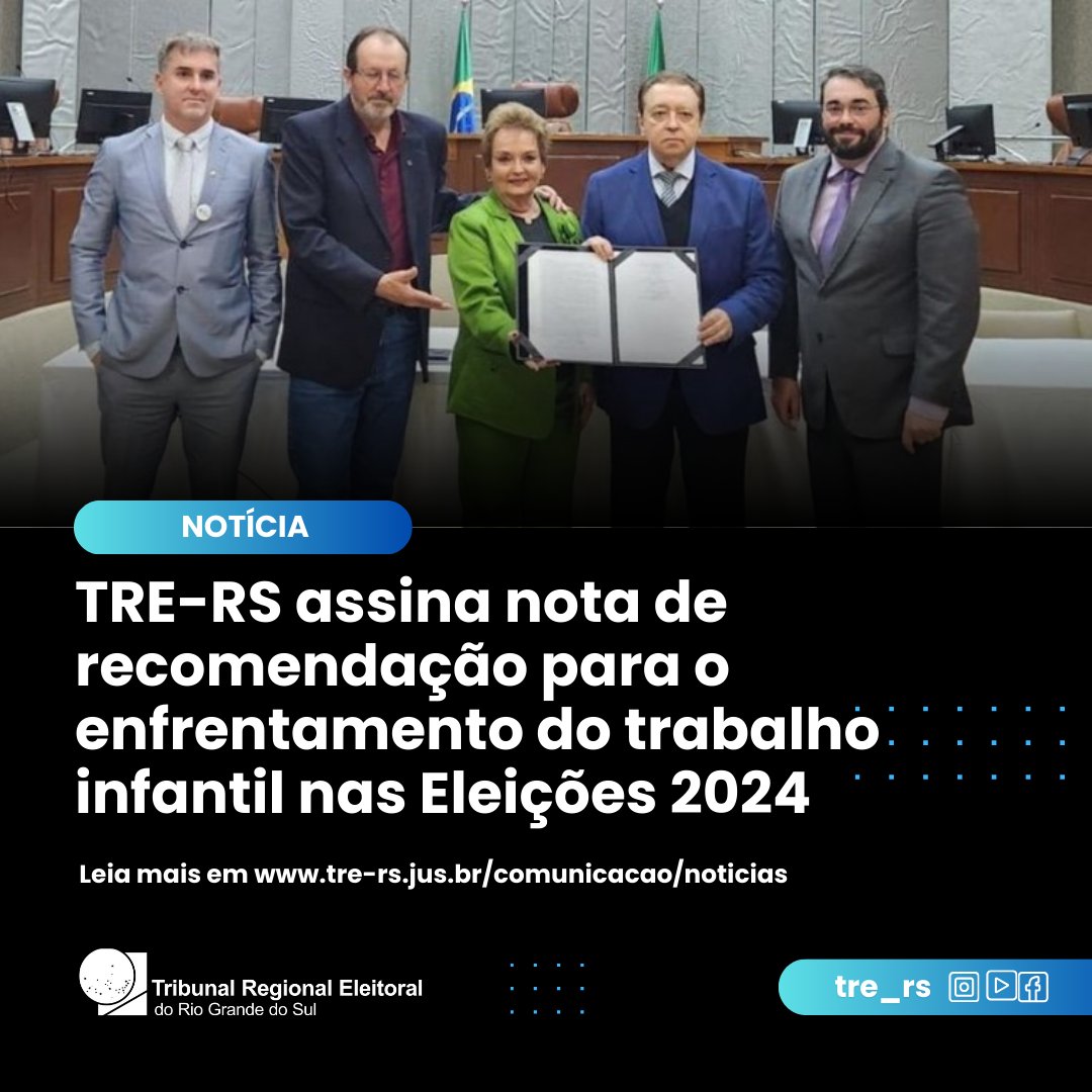 TRE-RS assina nota de recomendação para o enfrentamento do trabalho infantil nas Eleições 2024
📲 Leia a matéria íntegra: abrir.link/nJodS