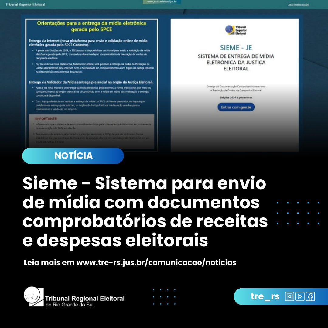 Sieme - Sistema para envio de mídia com documentos comprobatórios de receitas e despesas eleitorais
📲 Leia a matéria íntegra:abrir.link/tGhkE
