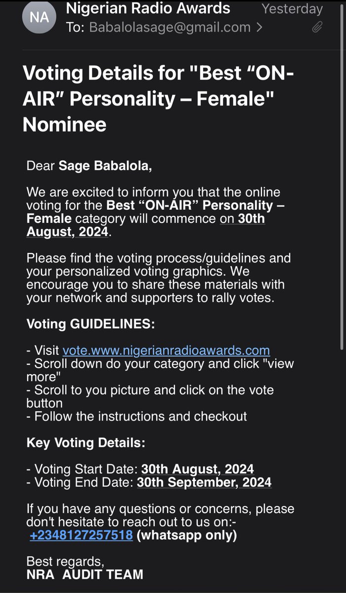 Second nomination this year and the idea that my work is deemed worthy of recognition is already a win .
Vote Sage Babalola as On air Personality of the year (female ) via the link below and God bless you as you support me on my journey to fulfillment .
vote.nigerianradioawards.com