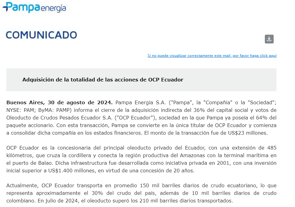 juanjovazquez57's tweet photo. $PAM Pampa termina quedándose con el 100% de Oleoductos de Crudo Pesado de Ecuador SA pagando U$S23mill por el 36% del capital que le faltaba. Es un activo de alto dividend payout que prácticamente nadie tiene en cuenta a la hora de valuar la compañía. https://t.co/KRX1NDcZDT