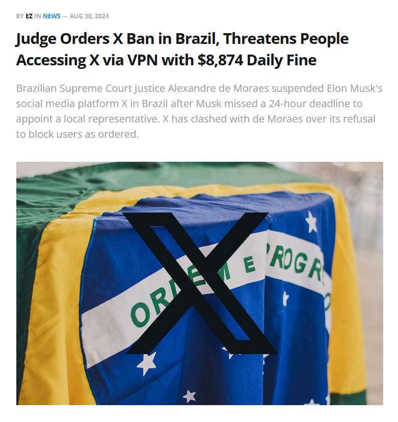 lunaticoin's tweet photo. En Brasil, 8000$ dólares de multa al día (!!) si te cazan utilizando VPN para entrar a la baneada X

Todo bien.

https://t.co/WusiUyReon https://t.co/oFeXwGDSe2
