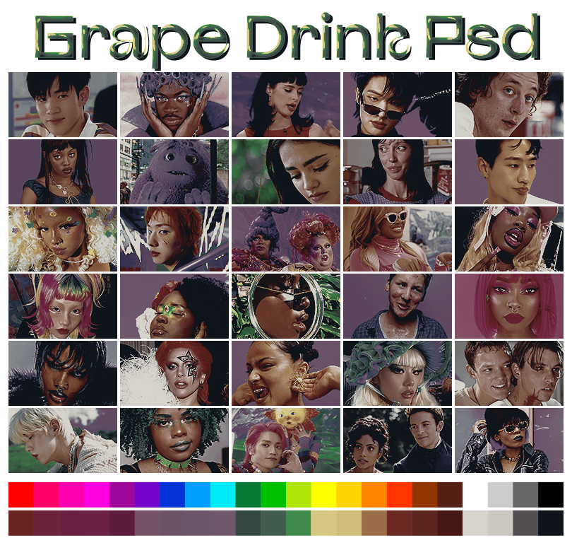 GRAPE DRINK  ➠   a coloring psd by #pinkinnards  🍇 
 with shades of muddy purples and greens,   POC FRIENDLY.   available on  GUMROAD  (pinkinnards.gumroad.com/l/grapedrink)  &amp;  DEVIANTART  (deviantart.com/pinkinnards/ar…)