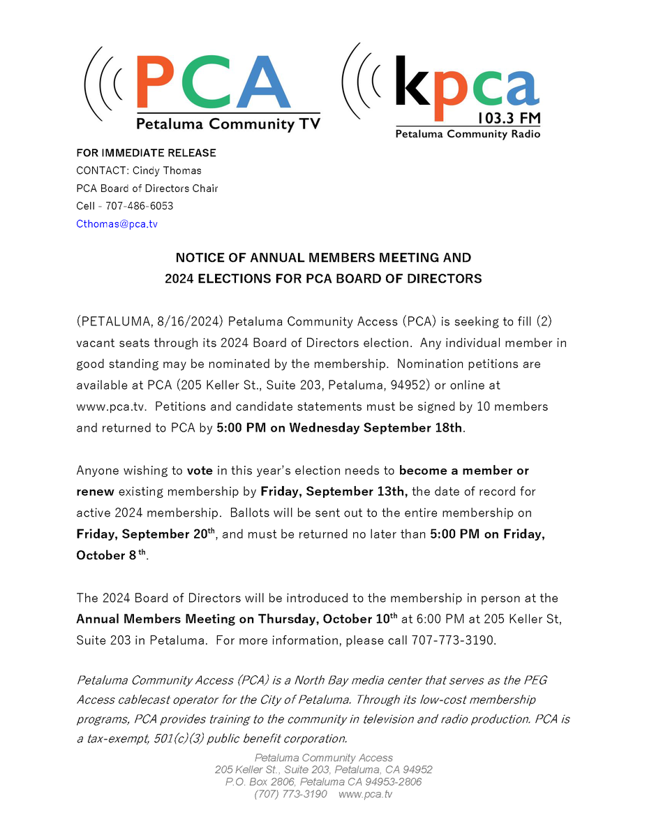 Corrected Press Release: PCA's 2024 Board of Directors election is coming up! Please note all the relevant dates so that you can join or get your membership current in time to vote. This election is crucial for our 2025 strategic planning, so join or renew today!