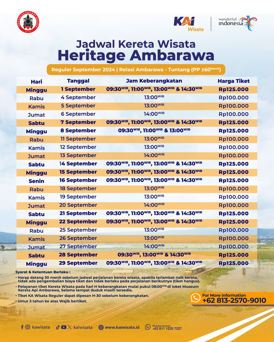 kaiwisata's tweet photo. Hai #sahabatkawisata berikut ya info jadwal terbaru September 2024 untuk Sahabat ajak Teman dan Keluarga buat jalan-jalan ke Musium Ambarawa terus naik Kereta Wisata Diesel atau Uapny deh🤩

#kaiwisata 
#keretawisata https://t.co/1s9SwaWuM8