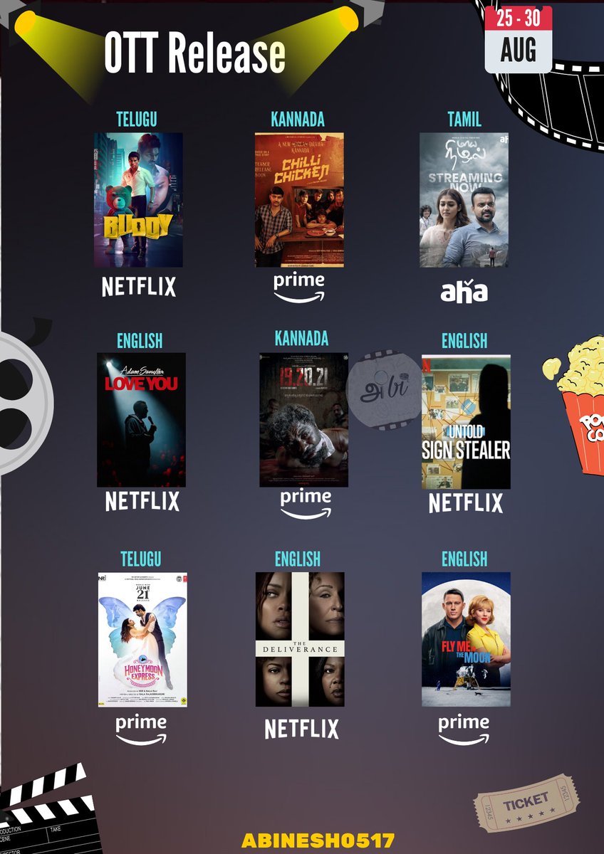 AbineshWorld's tweet photo. This week OTT Release Part-1
#ChilliChicken
#192021Movie
#HoneymoonExpress
#FlyMeToTheMoon
#Daddio
#ShivamBhaje
#BadNewz
#Buddy
#AdamSandlerLoveYou
#UntoldSignStealer
#TheDeliverence
#UntamedRoyals
#LoveYouToDebt
#WorstExEver
#Purushotamudu
#Sarangadhariya
#MayaNizhal https://t.co/TRtqDWglnR