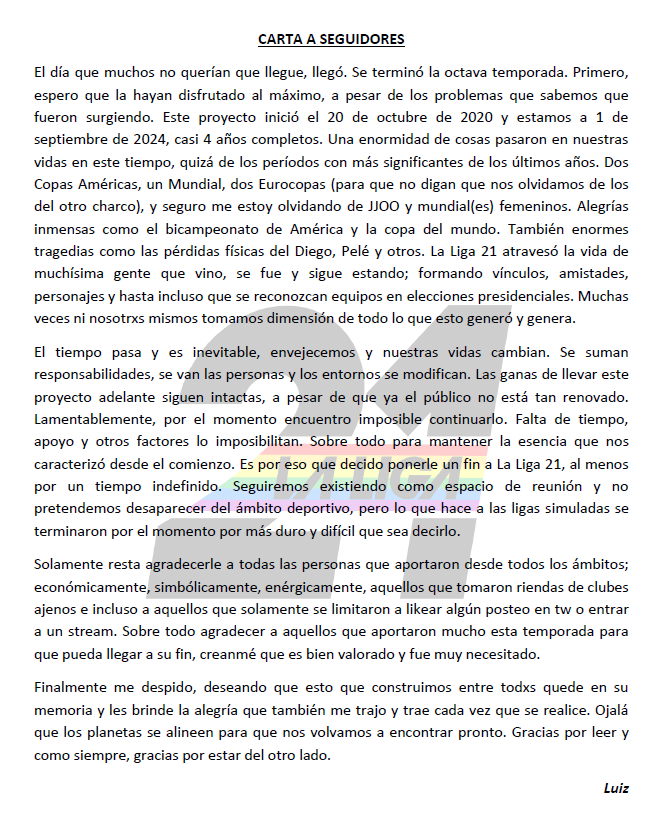 Carta a quien quiera leer y haya sido (o no) parte de #LaLiga21.

Se realizarán los #PanchitosDeOro de forma normal, hasta el miércoles 17hs se recibirán postulaciones de video para #MejorGol, #MejorAtajada, #MejorAsistencia y lo que pingo deseen.
