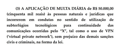 carloshb's tweet photo. @joaosenzi Tem um detalhe importante que as pessoas, me parece, estão deixando passar. Embora VPNs sejam mencionadas, a multa se dá pelo uso de qualquer "subterfúgio tecnológico", o que inclui TOR. 

(Sim, é burrice usar TOR pra acessar uma conta pessoal, mas por aqui chove pseudo-esperto). https://t.co/fonpCdY7uv