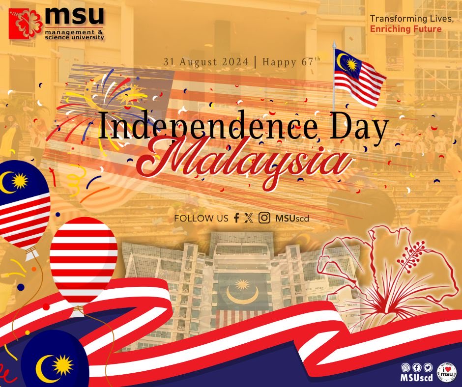 MSUscd's tweet photo. Happy 67th Merdeka Day, #MSUrians! As we celebrate our nation's independence, may we all be inspired by the courage and resilience of those who came before us. Together, let’s strive to build a brighter future for our country. Selamat Hari Merdeka ke-67!

#MSUmalaysia
#MSUscd https://t.co/F0uBTw4OCC