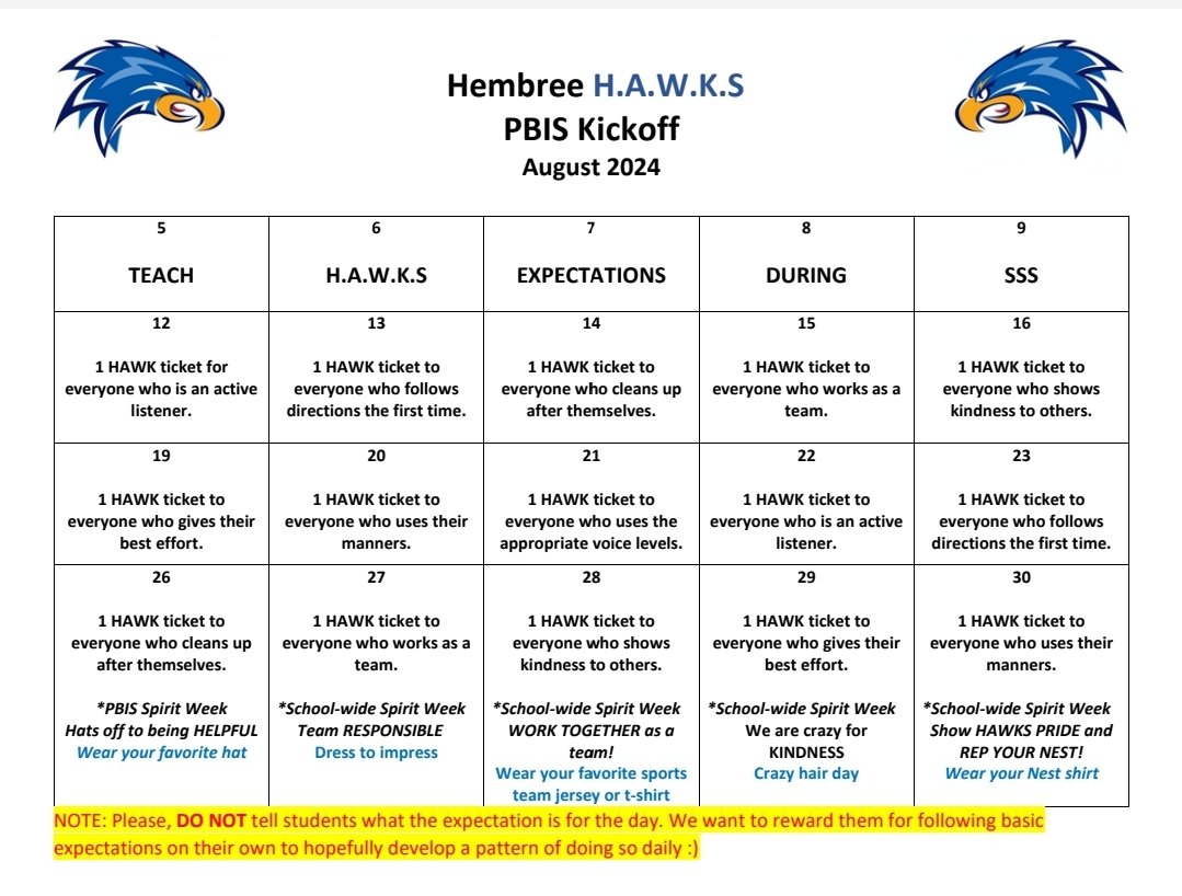 ErskineWilsonAP's tweet photo. Started August right with our PBIS kickoff calendar. We celebrated with a fun-filled spirit week, ending in an epic pep rally and student vs. staff games! We had fun, but most importantly, we came together as one big family. #schoolspirit #HSES #oneNEST #proudHAWK @nancy_lahey https://t.co/gTaGt6dmSi