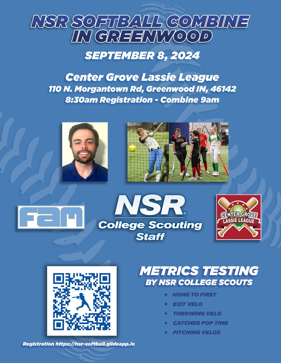 🚨🥎NSR Baseball Combine in Greenwood🥎🚨

📅 September 8, 2024
⏰ 8:30am Registration - 9am Combine
📍Center Grove Lassie League
      110 N. Morgantown Rd.
      Greenwood, IN

Registration link... nsrsoftball.glideapp.io
or use QR Code below
