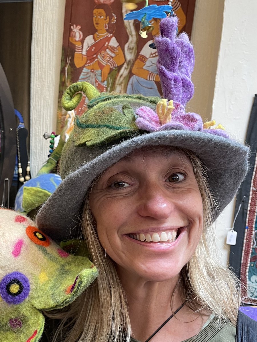 Thinking of wearing this rather fabulous hat to <a href="/campwildfire_/">Camp Wildfire</a> ? What do you think? I’m going to be on the auditorium stage today, Saturday, doing a fireside chat about my career. Think it might work well for a festival! Gotta admit, it’s unique! #loveahat #festival 🌸💛🌻🤔