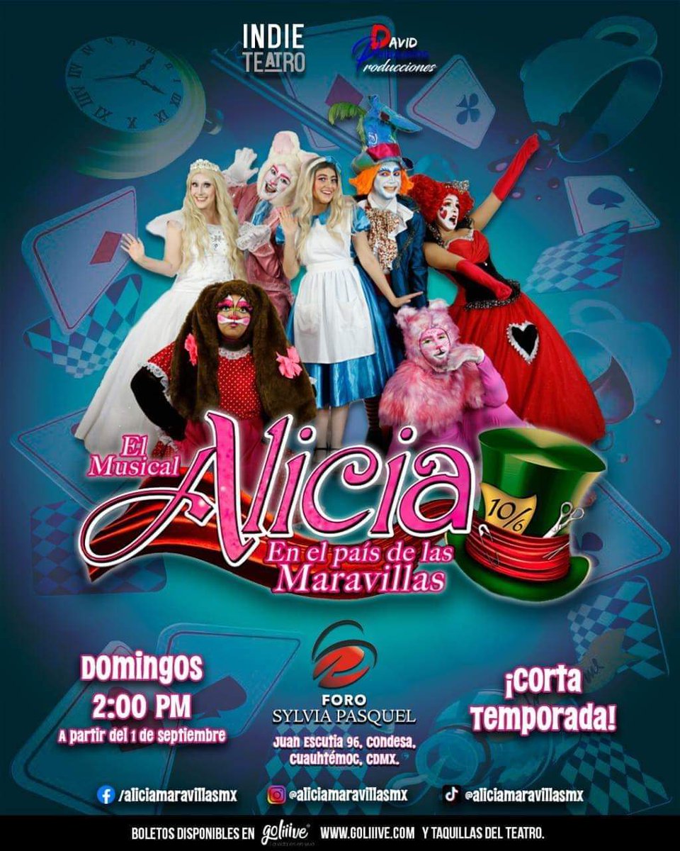 MortalMexicana's tweet photo. ✨Alicia en  el País de las Maravillas el  Musical ✨

REESTRENO!
Para toda la familia  
Función
DOMINGO 1o. De Septiembre 
2pm

Pases dobles solo da RT y coloca tu nombre 

Foro Sylvia  Pasquel https://t.co/3r0uFn9Zb0