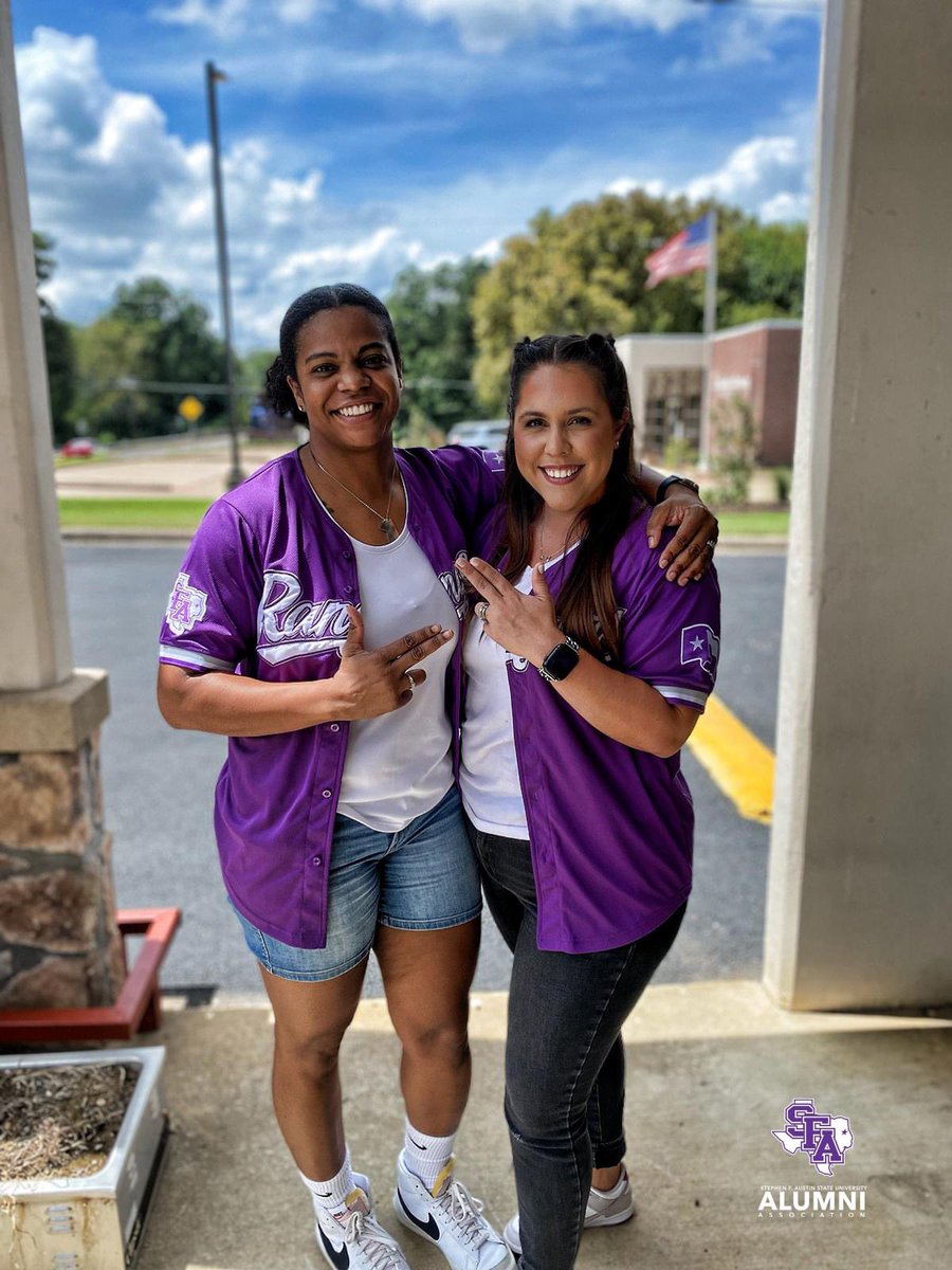 sfa_alumni's tweet photo. Axes up for the weekend, 'Jacks! 🪓☀️

Ashley Harris and Monica Loa looked awesome in purple today on #SFASpiritFriday and #CollegeColorsDay!

Have a great Labor Day weekend.

#AxeEm https://t.co/H4E1Xk83EF