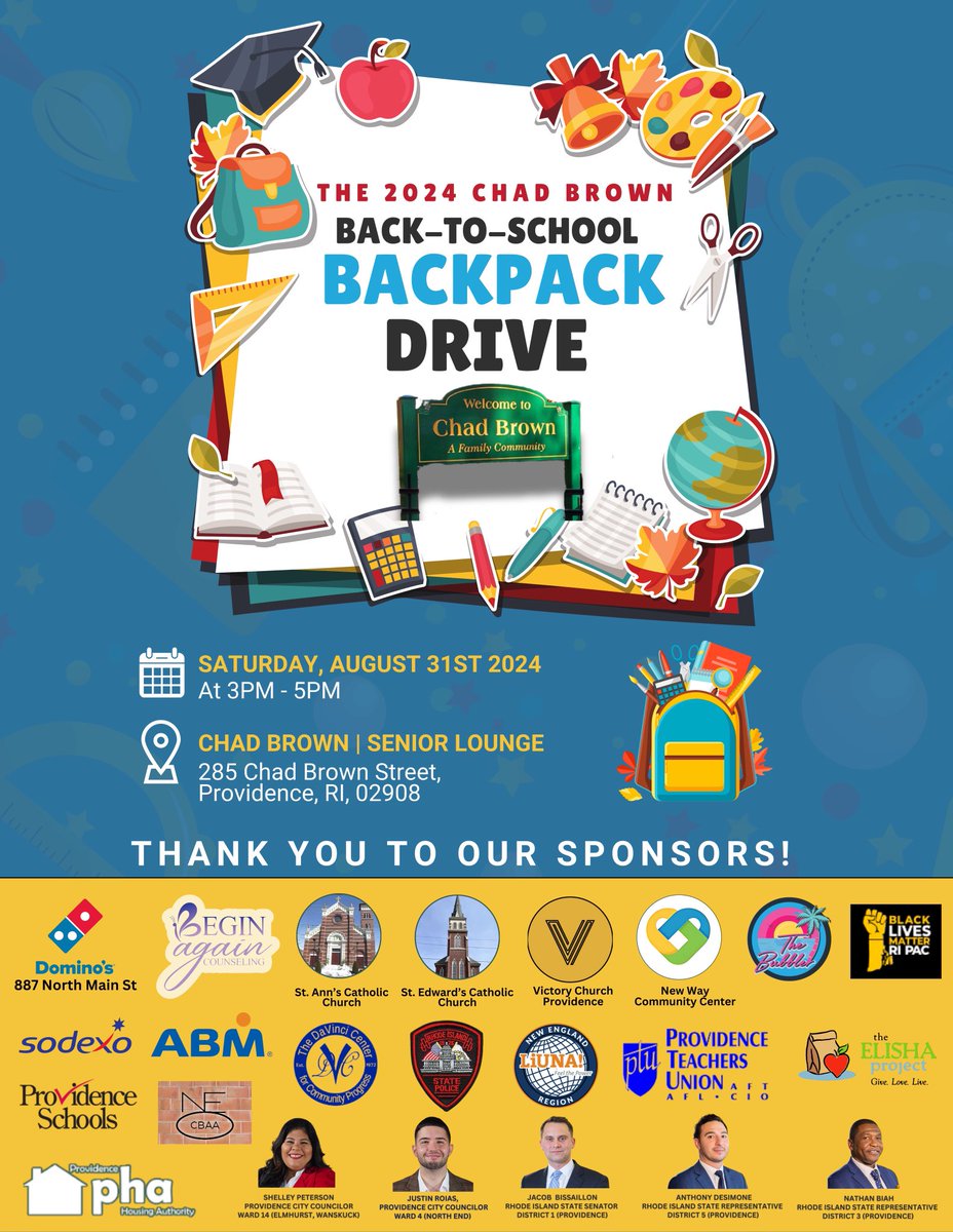 I’m here at the Da Vinci Center at 7 PM, getting things ready for tomorrow’s North End Backpack Drive! It kicks off at 11 AM sharp at 470 Charles St, Providence, RI 02904—first come, first served.

After that, we’ll head to Chad Brown for our second backpack drive at 3 PM, 285