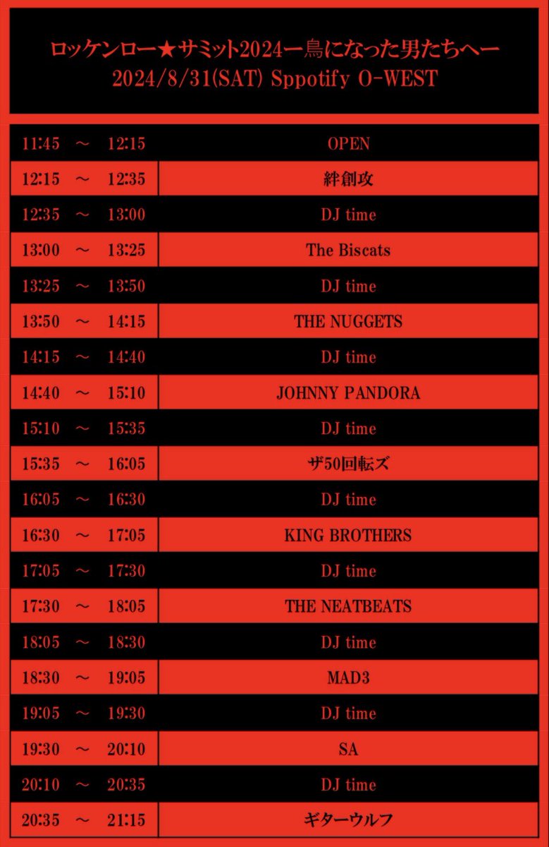 『ロッケンロー★サミット2024-鳥になった男たちへ-』当日券出ます！

【当日券情報】
11:45〜
スタンディング　7,900円（税込）
※入場時にドリンク代が別途600円掛かります。

▼日本国内からのライブ配信！
w.pia.jp/t/rocknroll-su…

▼海外からのライブ配信！
w.pia.jp/a/rocknroll-su…