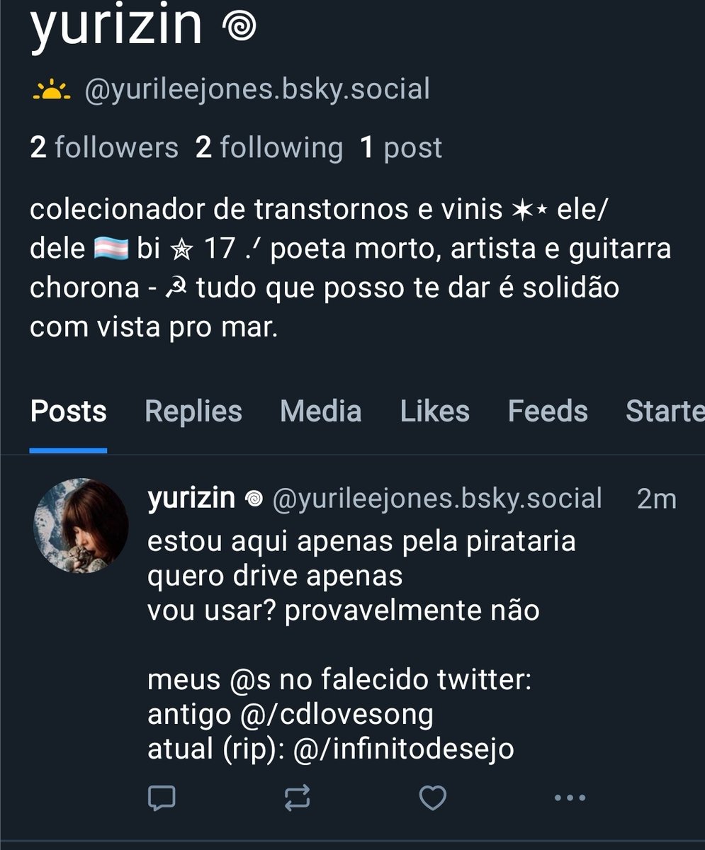 criei só pra pegar drive, é isso, mas qm quiser seguir tai
bsky.app/profile/yurile…

estarei cumprindo cm minhas fases do luto