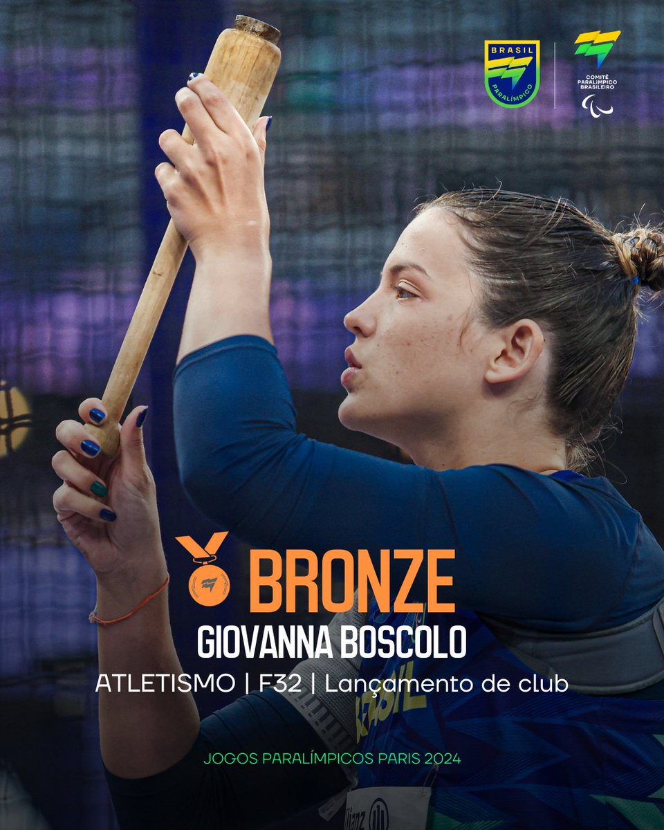 BraParalimpico's tweet photo. As medalhas não terminam quando acabam as provas. Pode comemorar mais um bronze do Brasil! 🥉🇧🇷 

A Giovanna Boscolo saiu do Stade de France hoje na 4ª colocação, mas, após desclassificação da atleta da Polônia, Roza Kozakowska, que tinha vencido a prova do lançamento de club F32, a brasileira avançou para o 3⁰ lugar e ficou com o 🥉.

#BrasilParalímpico #JogosParalímpicos #Paris2024