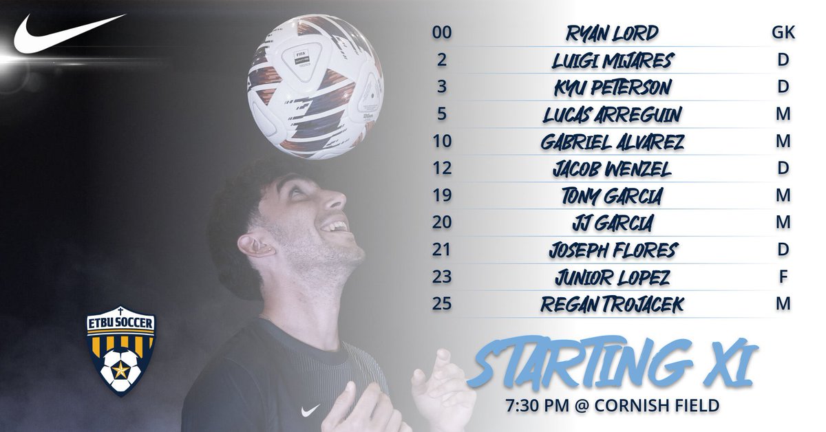 Starting line up for ETBU vs UD tonight. 7:30 pm kickoff at Cornish field.