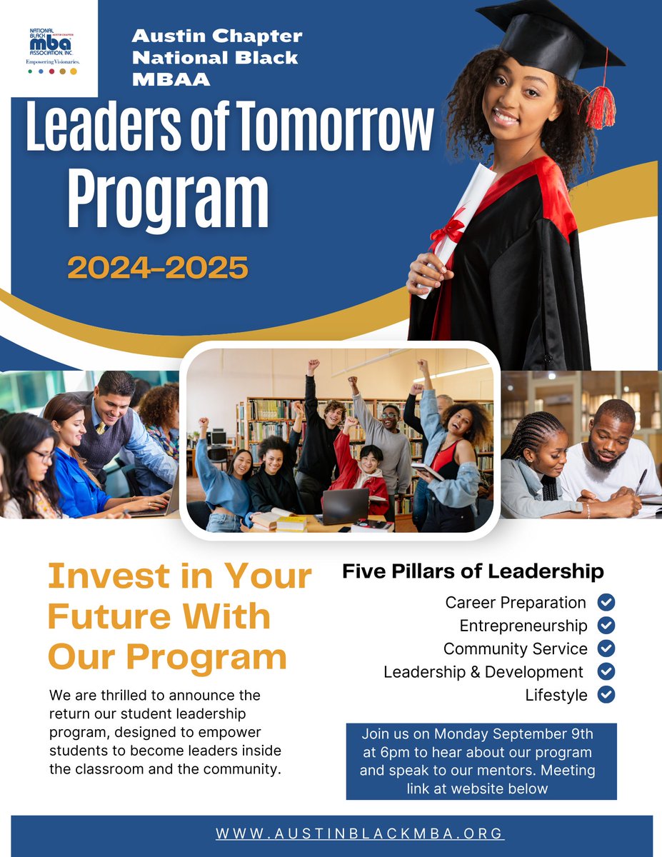 NBMBAA_Austin's tweet photo. 🎓 Invest in Your Future with Our Leaders of Tomorrow Program

#leadershipdevelopment #futureleaders #studentsuccess #CareerPreparation #entreprenuership #communityservice #empowerment #austinblackmba https://t.co/EdZn7uQAfk