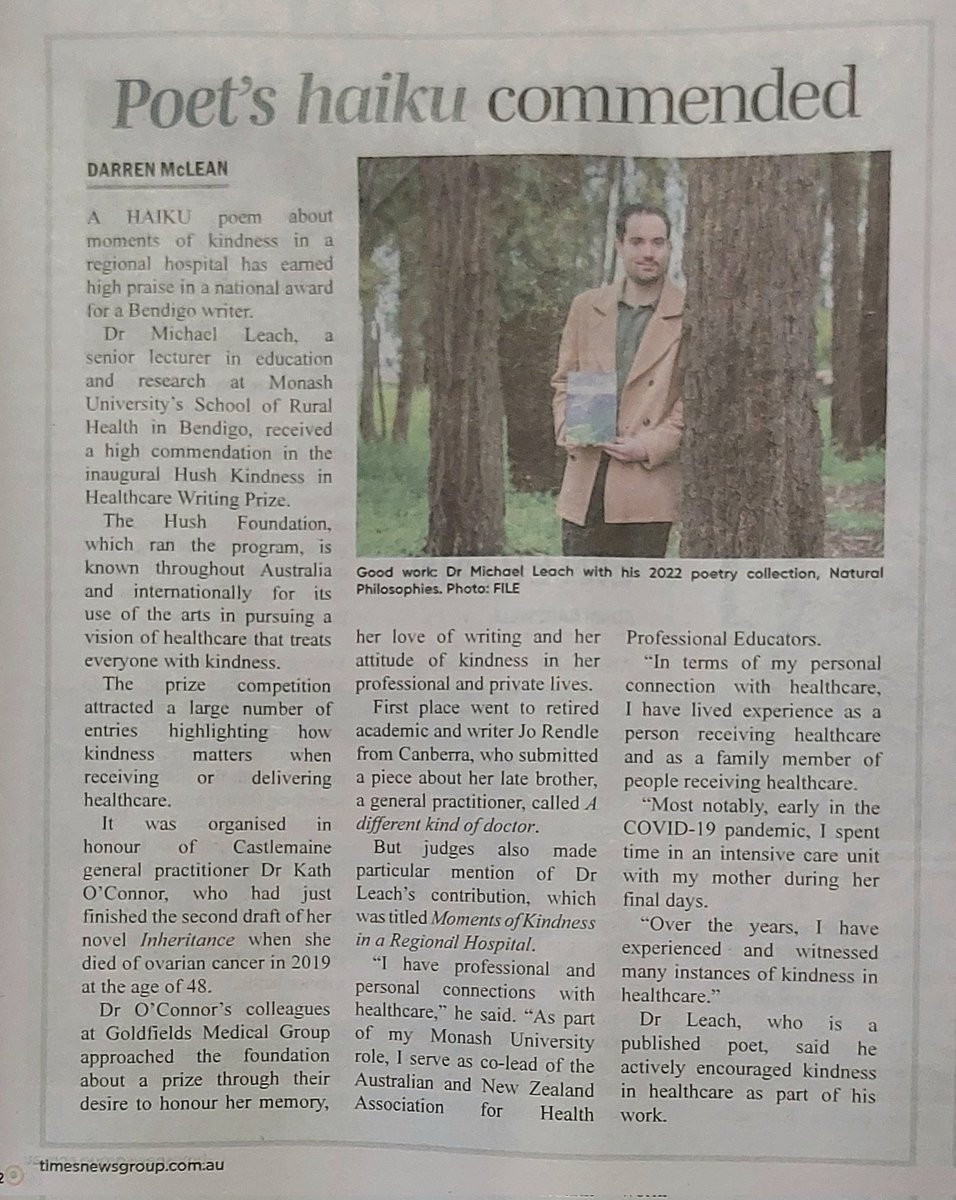 It was heartening to hear that my #haiku sequence has been highly commended in such a meaningful prize: the <a href="/HushFoundation_/">Hush Foundation</a> Kindness in Health Writing Prize. My thanks to the Foundation, Goldfields Medical Group &amp; the judges
hush.org.au
#poetry #healthhumanities